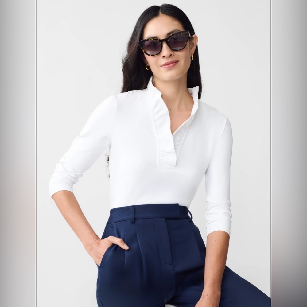 J. McLaughlin Durham Ruffle Top – White – Size S | Wrinkle-Free Catalina Cloth